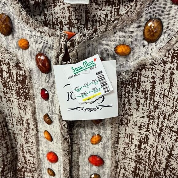 NWT Just Be Brown & Cream Linen Jacket with Gem Details Sz XL (B47744CS) - Picture 7 of 8